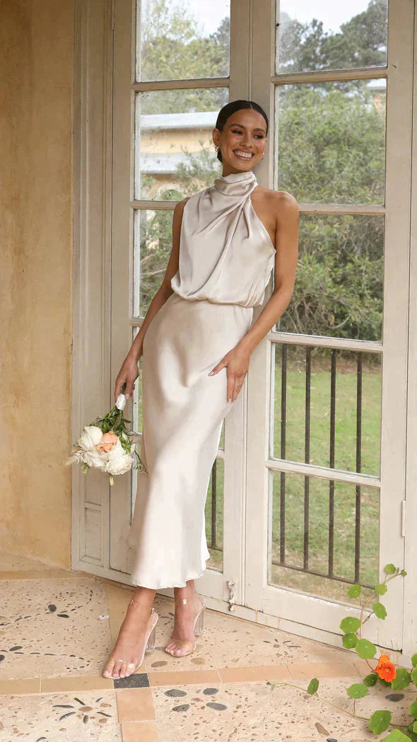 Coralie | Long Sleeve Halter Wedding Guest Midi Dresses