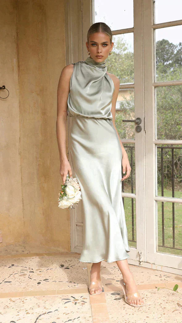 Coralie | Long Sleeve Halter Wedding Guest Midi Dresses
