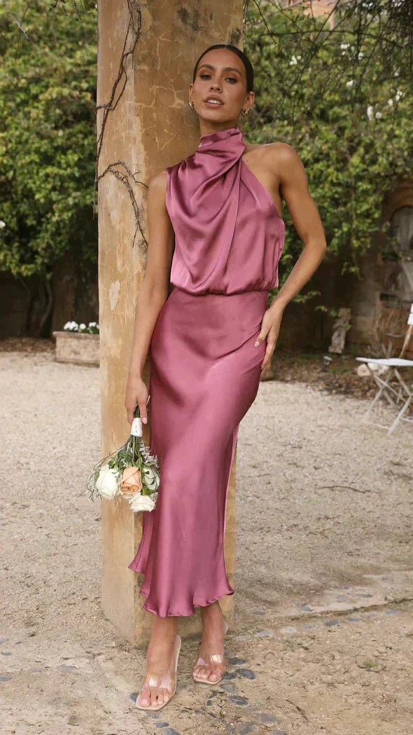 Coralie | Long Sleeve Halter Wedding Guest Midi Dresses