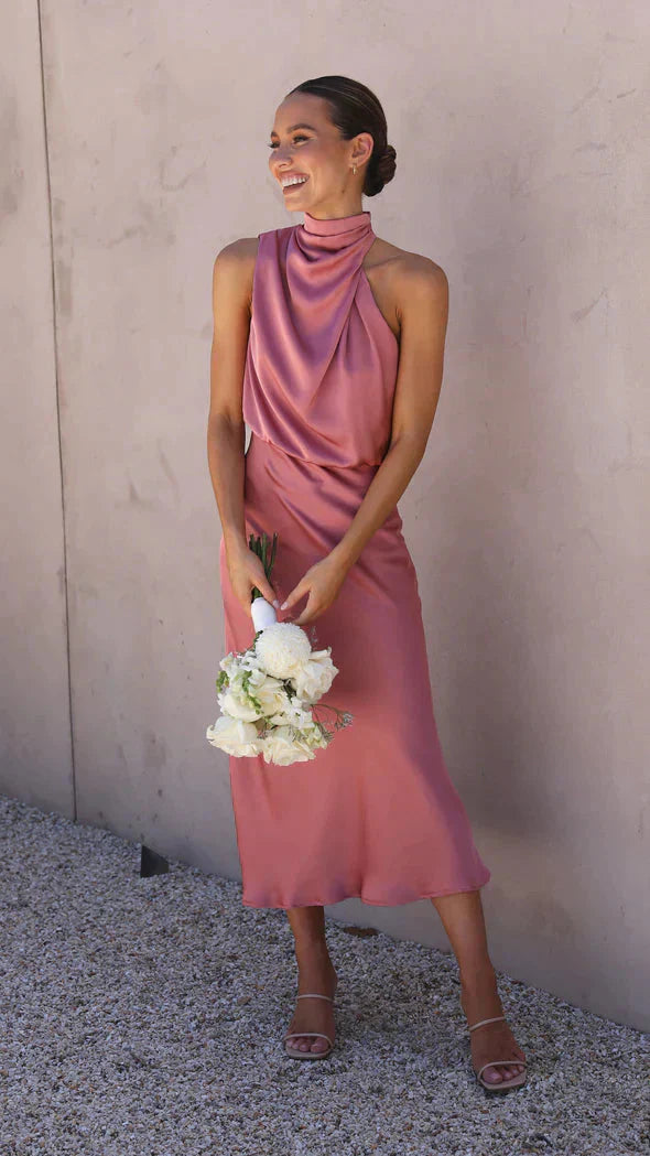 Coralie | Long Sleeve Halter Wedding Guest Midi Dresses