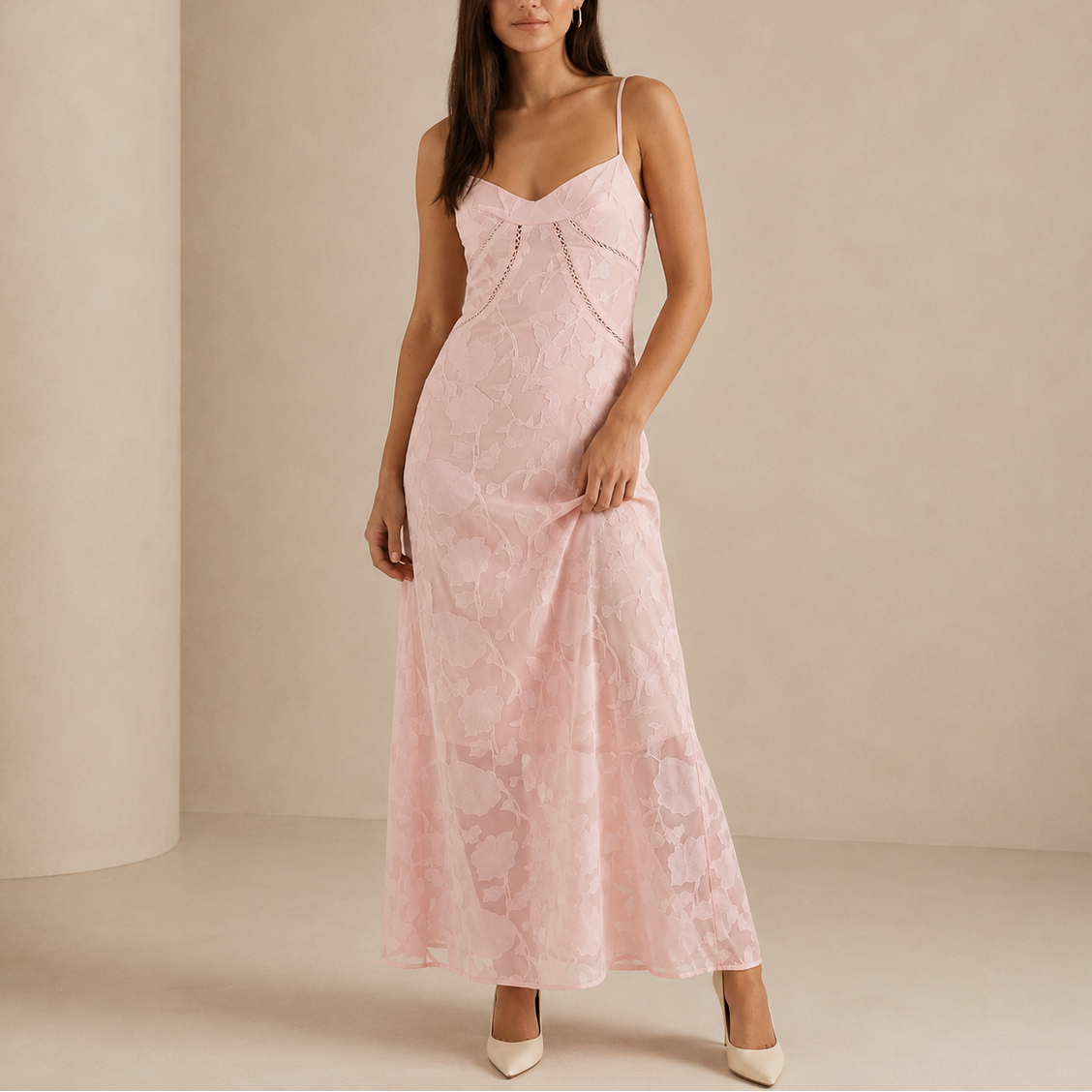 Georgiana | Spring Summer Floral Lace Wedding Guest Maxi Dress — Pink