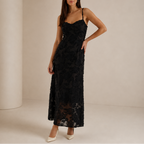 Georgiana | Spring Summer Floral Lace Wedding Guest Maxi Dress — Black