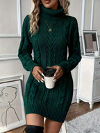 Yolanda | Black Turtleneck Chunky Cable Knit Long Sweater Cardigan — Dark Green