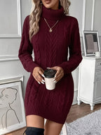 Yolanda | Black Turtleneck Chunky Cable Knit Long Sweater Cardigan — Red