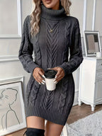 Yolanda | Black Turtleneck Chunky Cable Knit Long Sweater Cardigan — Gray
