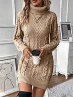 Yolanda | Black Turtleneck Chunky Cable Knit Long Sweater Cardigan — Khaki