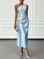 Eulalie | Satin One Shoulder Ruched Midi Wedding Guest Dress
