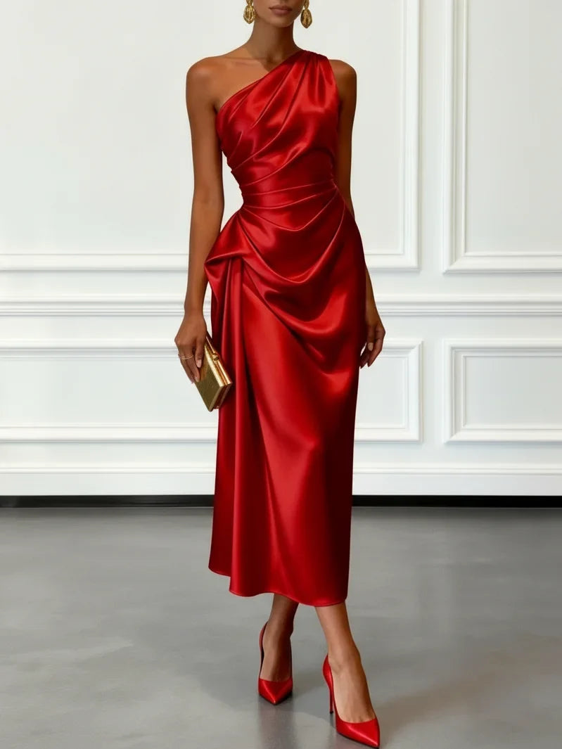 Eulalie | Satin One Shoulder Ruched Midi Wedding Guest Dress