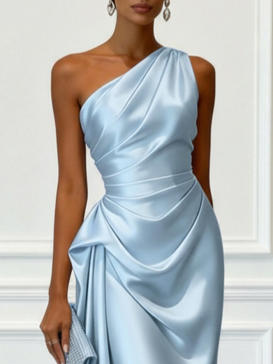 Eulalie | Satin One Shoulder Ruched Midi Wedding Guest Dress