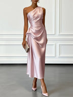 Eulalie | Satin One Shoulder Ruched Midi Wedding Guest Dress