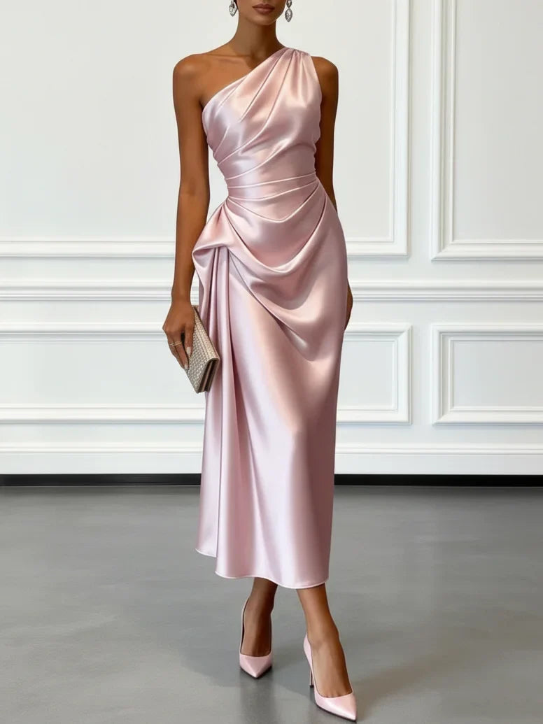 Eulalie | Satin One Shoulder Ruched Midi Wedding Guest Dress