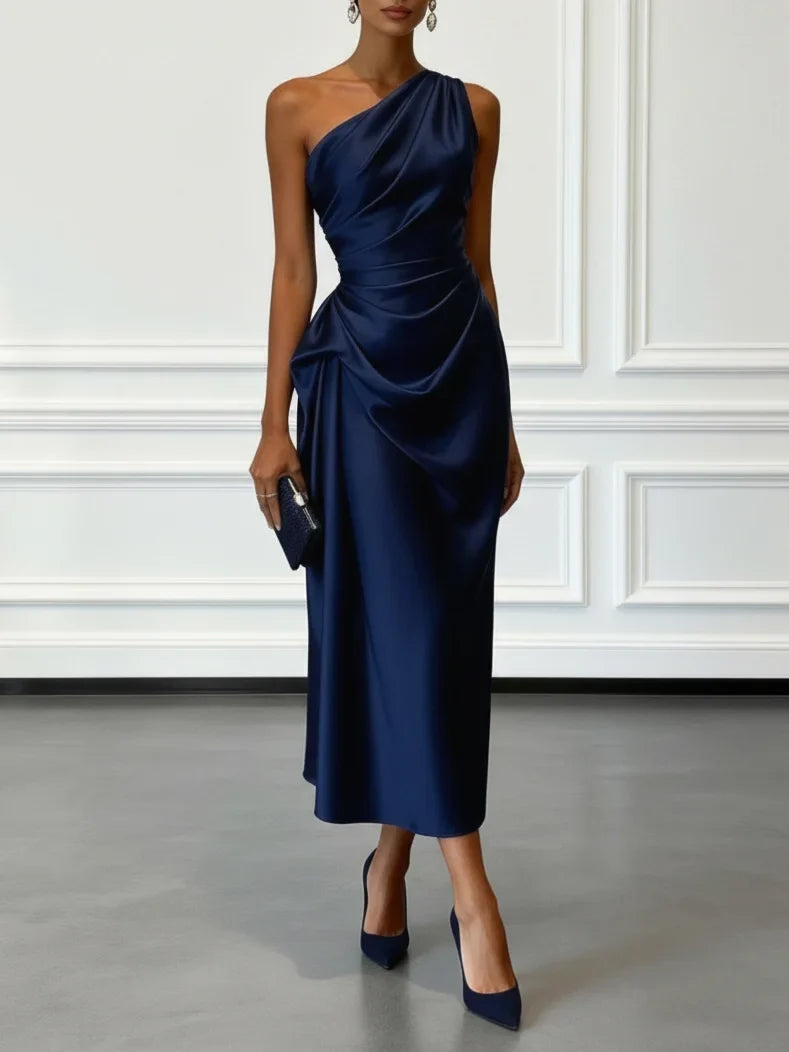 Eulalie | Satin One Shoulder Ruched Midi Wedding Guest Dress