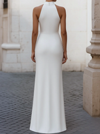 Henriette | Halter Neck Pleated Satin Wedding Guest Maxi Gown
