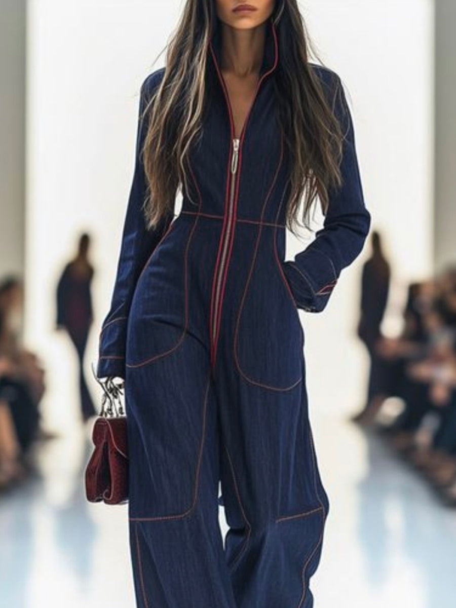 Rosaline | Long Sleeve Wide Leg Denim Jumpsuit Strapless White
