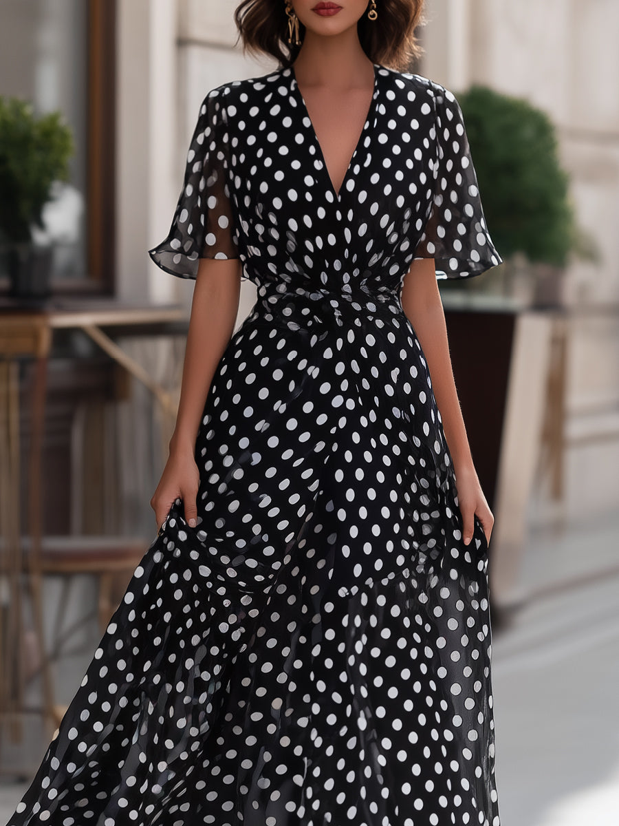 Constance | V-Neck Chiffon Dot Dress for Garden Party Occasions