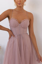 Lucinda | Black Corset Tulle Midi Dress For Weddings And Parties