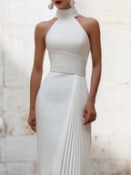 Henriette | Halter Neck Pleated Satin Wedding Guest Maxi Gown