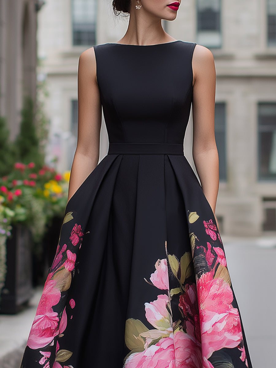 Eloise | Floral Sleeveless Draped Occasion Evening Midi Dress