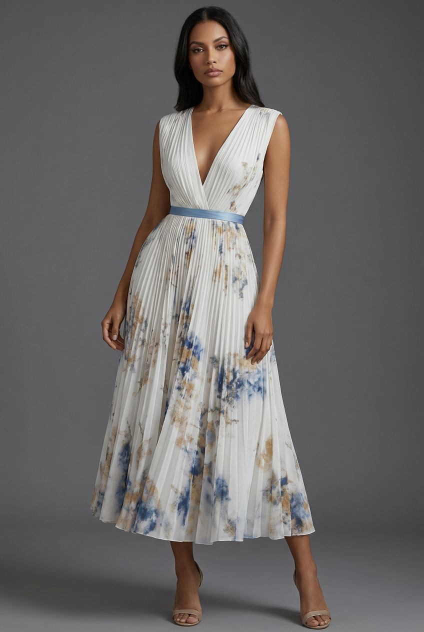 Bridget | Floral Pleated V-Neck Midi Bridesmaid Dresses