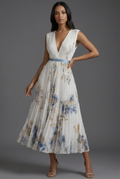 Bridget | Floral Pleated V-Neck Midi Bridesmaid Dresses