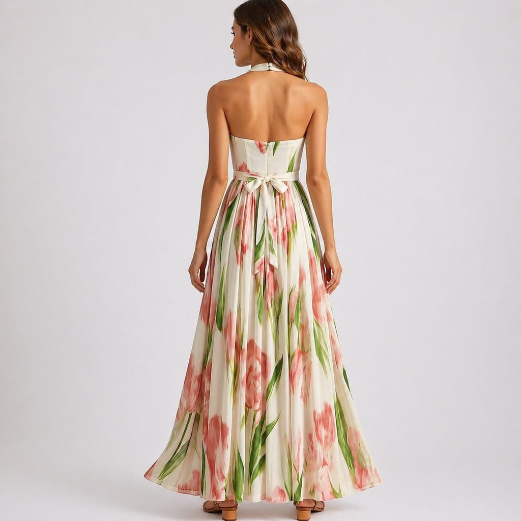Ophelia | Halter Neck Watercolour Print Floral Maxi Dress