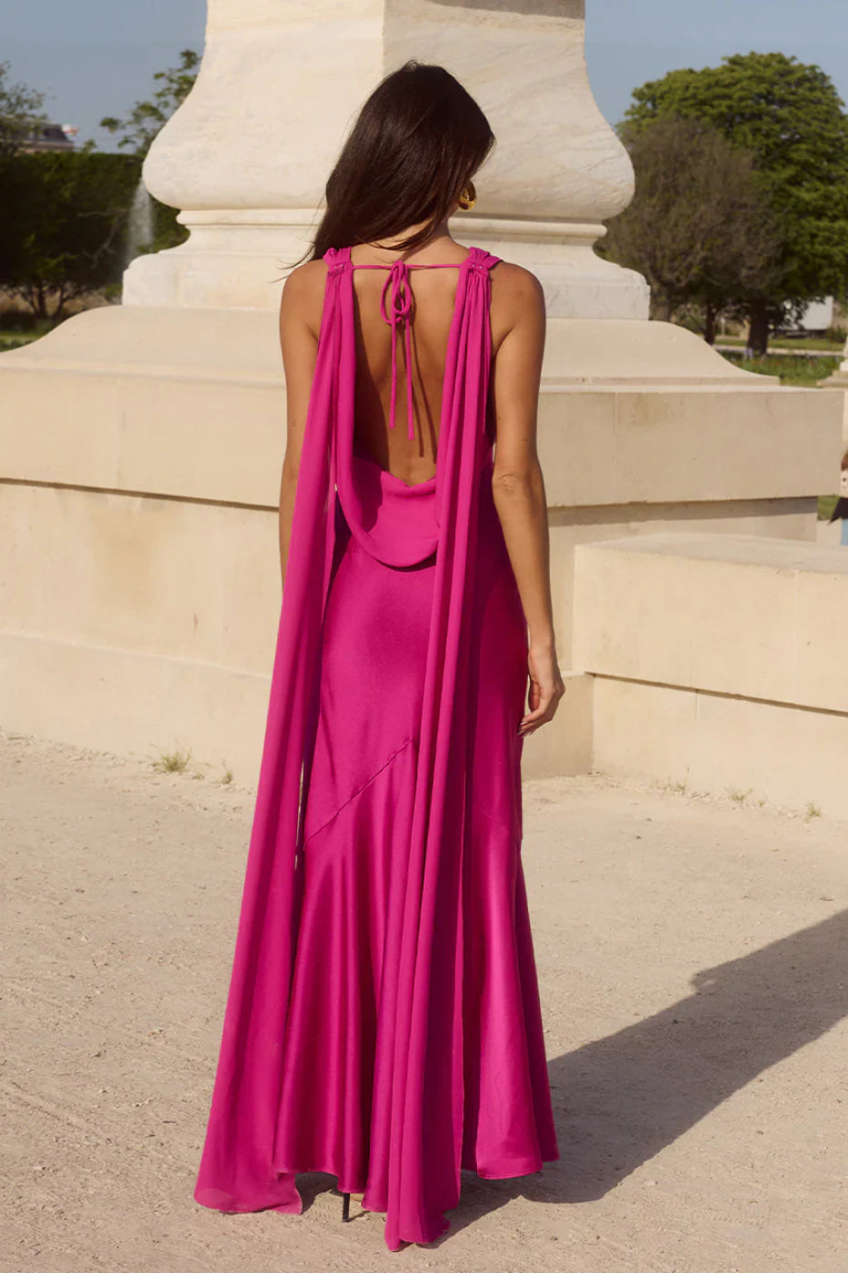 Anouk | Fuchsia Cowl Neck Satin Maxi Wedding Guest Dress