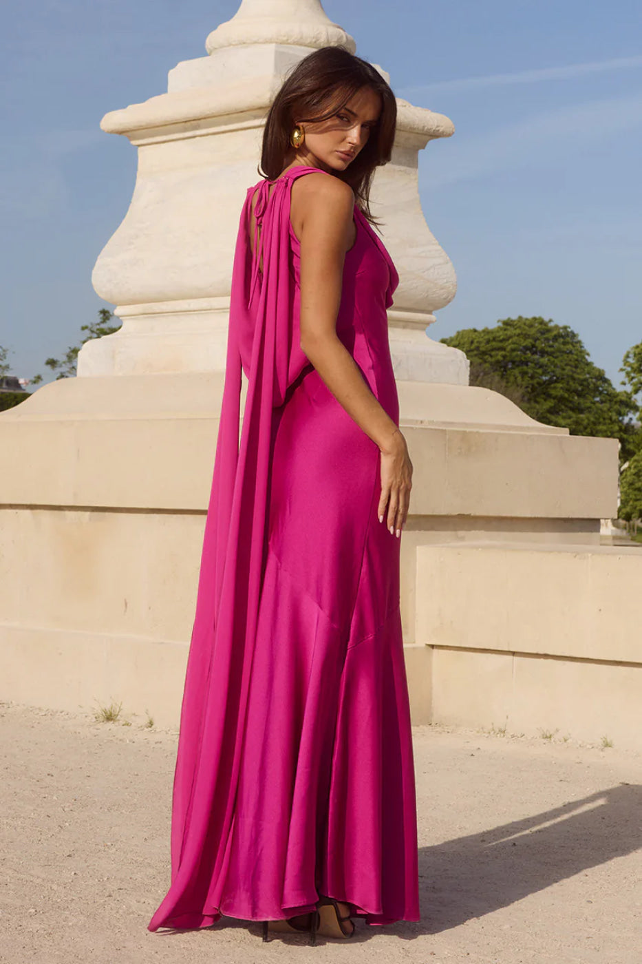Anouk | Fuchsia Cowl Neck Satin Maxi Wedding Guest Dress