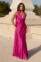 Anouk | Fuchsia Cowl Neck Satin Maxi Wedding Guest Dress