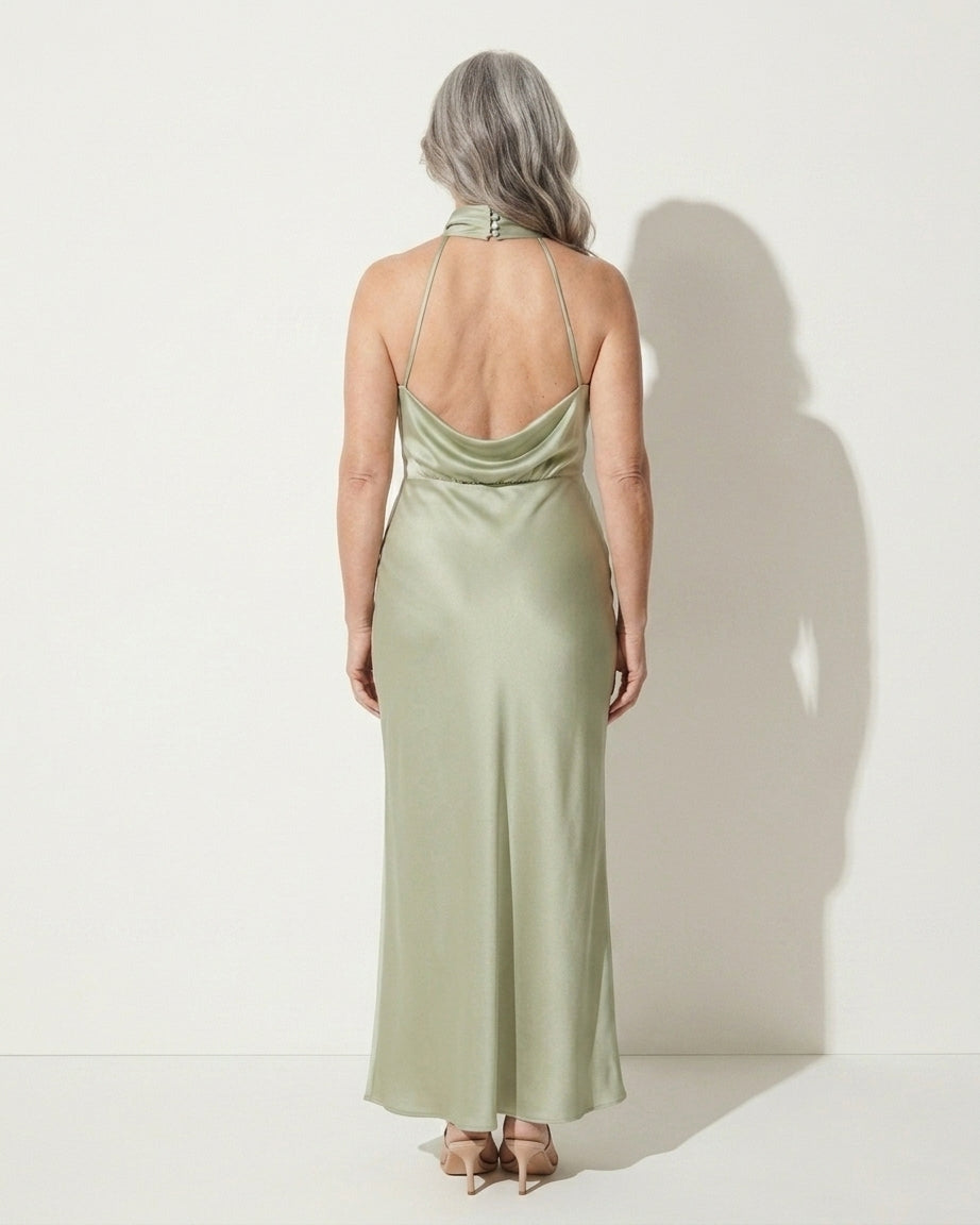 Daphne | Cinderella Cowl Neck Slip Wedding Dress Midi — achterkant