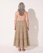 Pascale | Bohemian Pleated Maxi Dresses in Flowing Khaki — achterkant