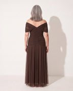 Apolline | Bebe Off Shoulder Ruched Evening Dresses — achterkant