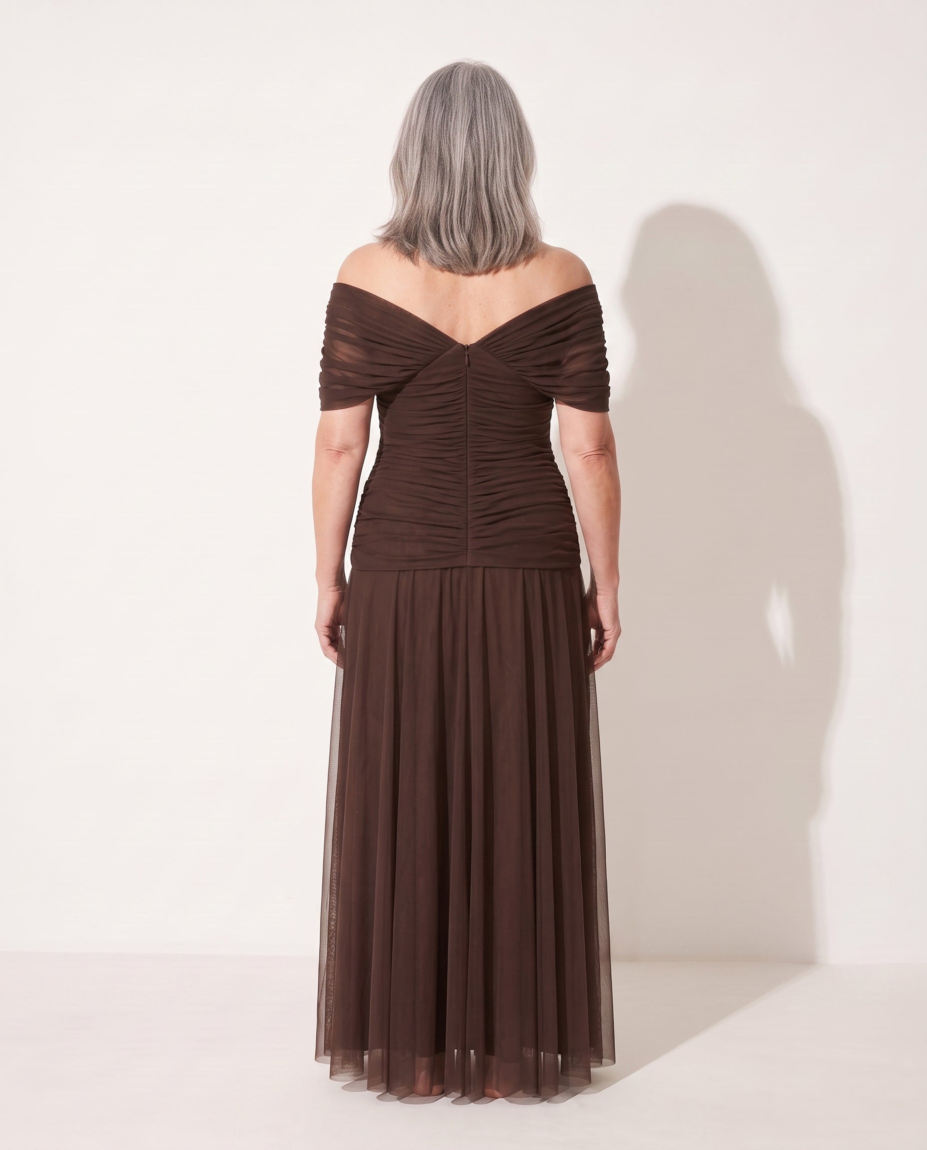 Apolline | Bebe Off Shoulder Ruched Evening Dresses — achterkant