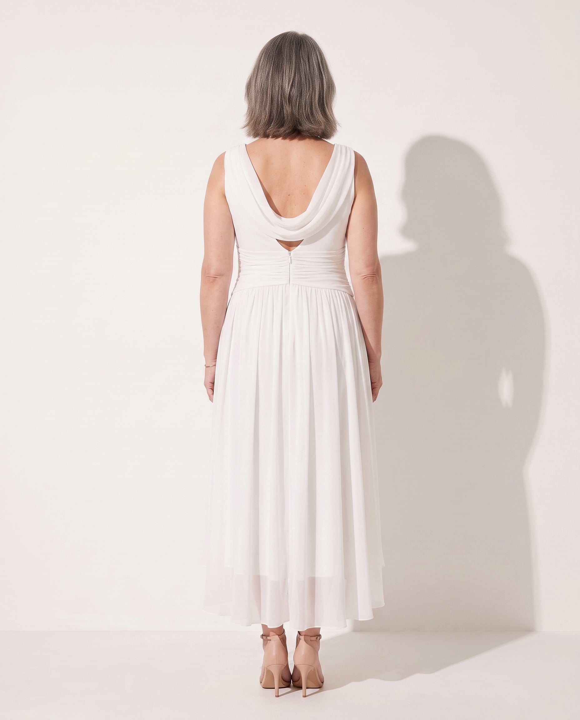 Fleur | Long Sleeve Draped Neck Pleated Midi Dress — achterkant