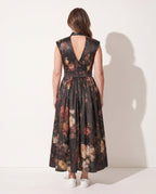 Clemence | Long Sleeve Floral Pleated Midi Wedding Guest Dresses — achterkant