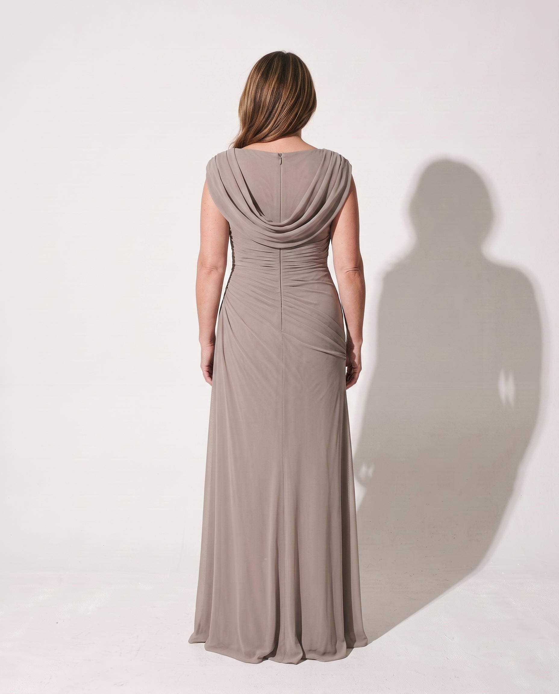 Georgiana | Long Sleeve Wedding Guest Dresses Cowl Neck Ruched Maxi — achterkant