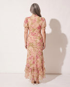 Albane | Floral Print Puff Sleeve Ruffle Maxi Dress — achterkant