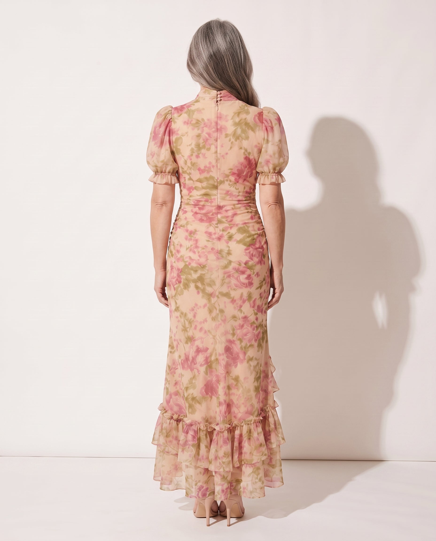 Albane | Floral Print Puff Sleeve Ruffle Maxi Dress — achterkant