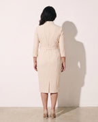 Philippa | Long Sleeve V-Neck Belted Midi Dress Workwear — achterkant