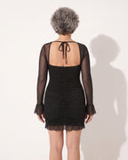 Daphne | Black Ruched Bodycon Mini Dress Long Sleeve Cocktail — achterkant