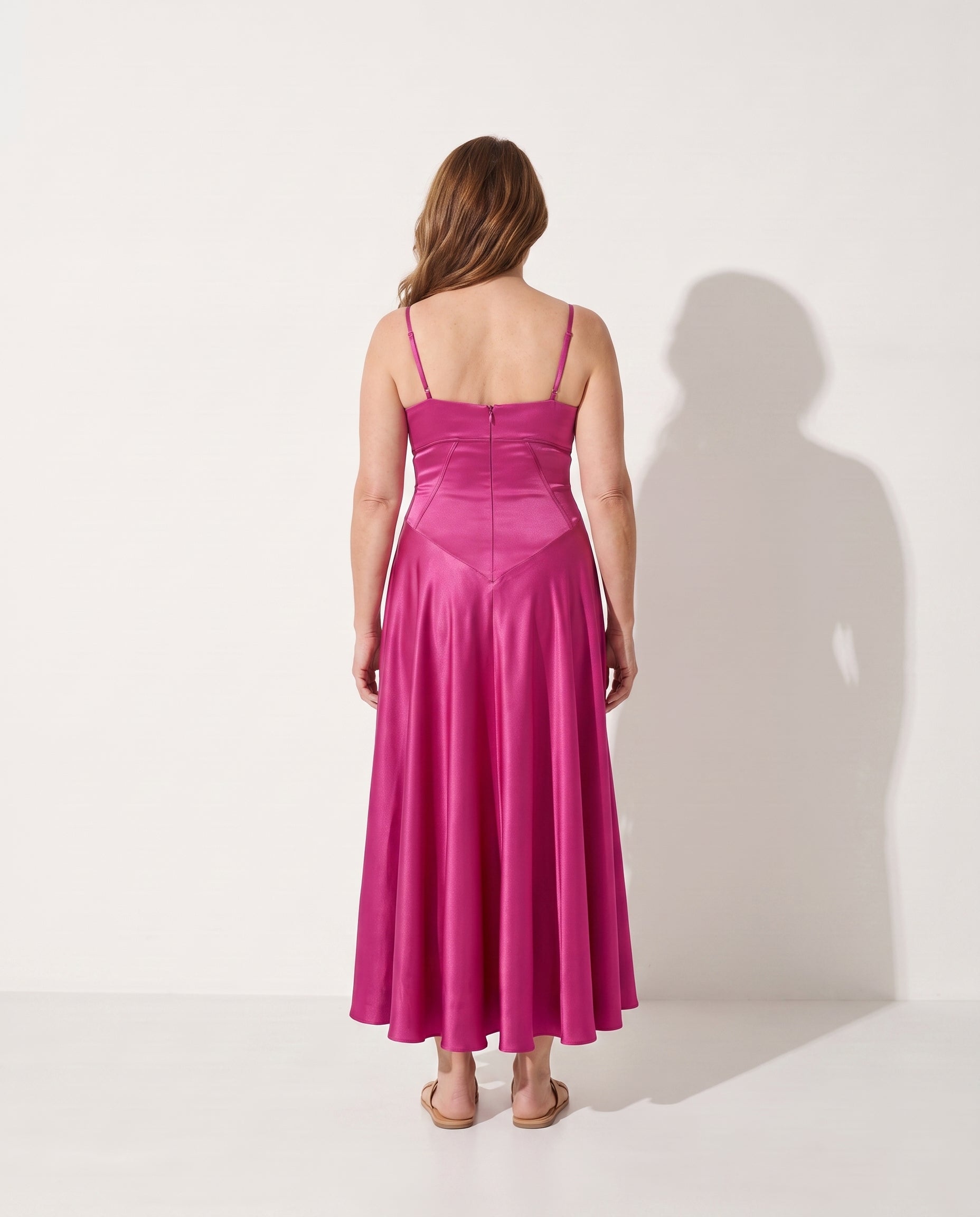 Isadora | Long Sleeve Satin Wedding Guest Dress — achterkant
