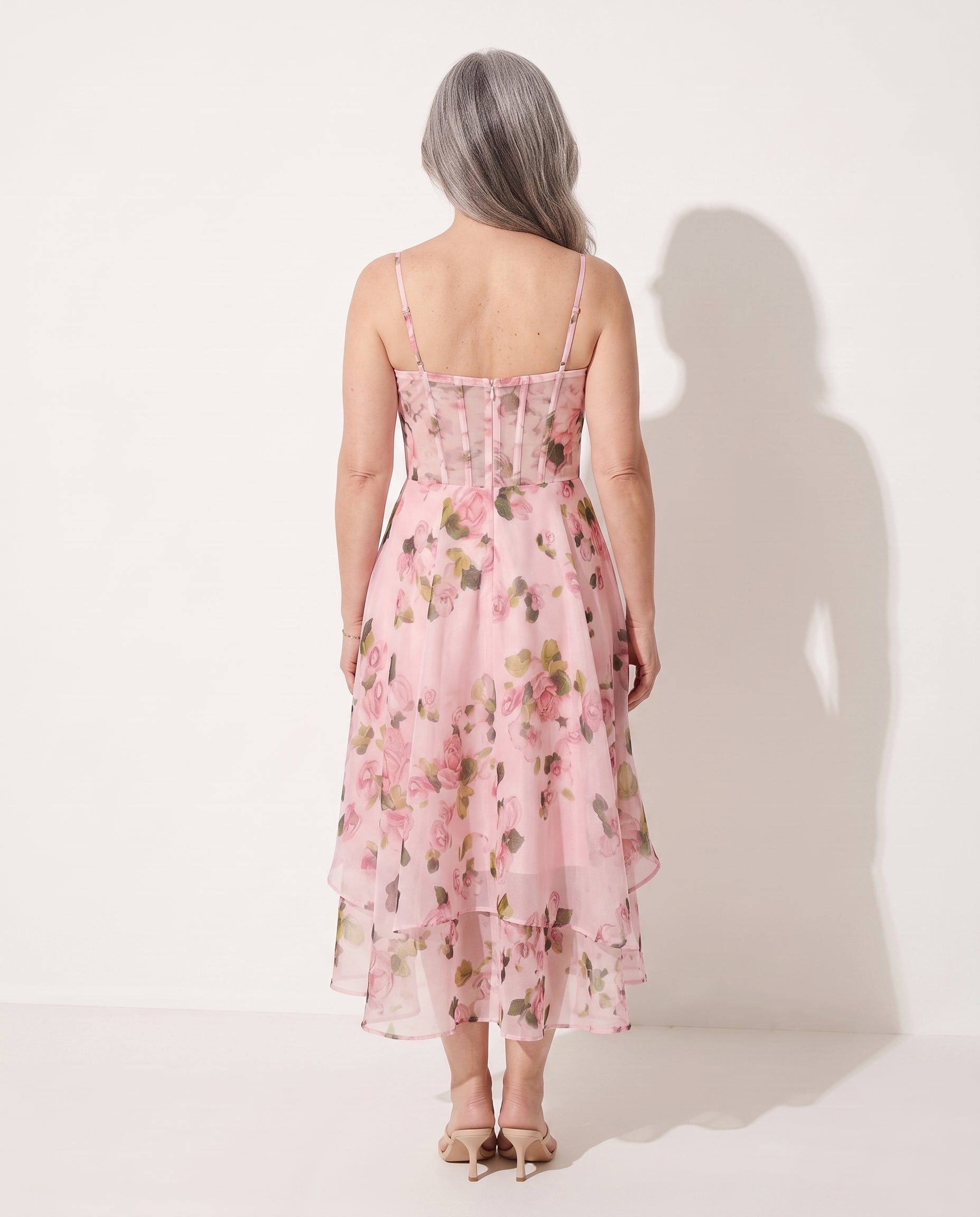 Yolanda | Long Sleeve Midi Dress In Romantic Print — achterkant