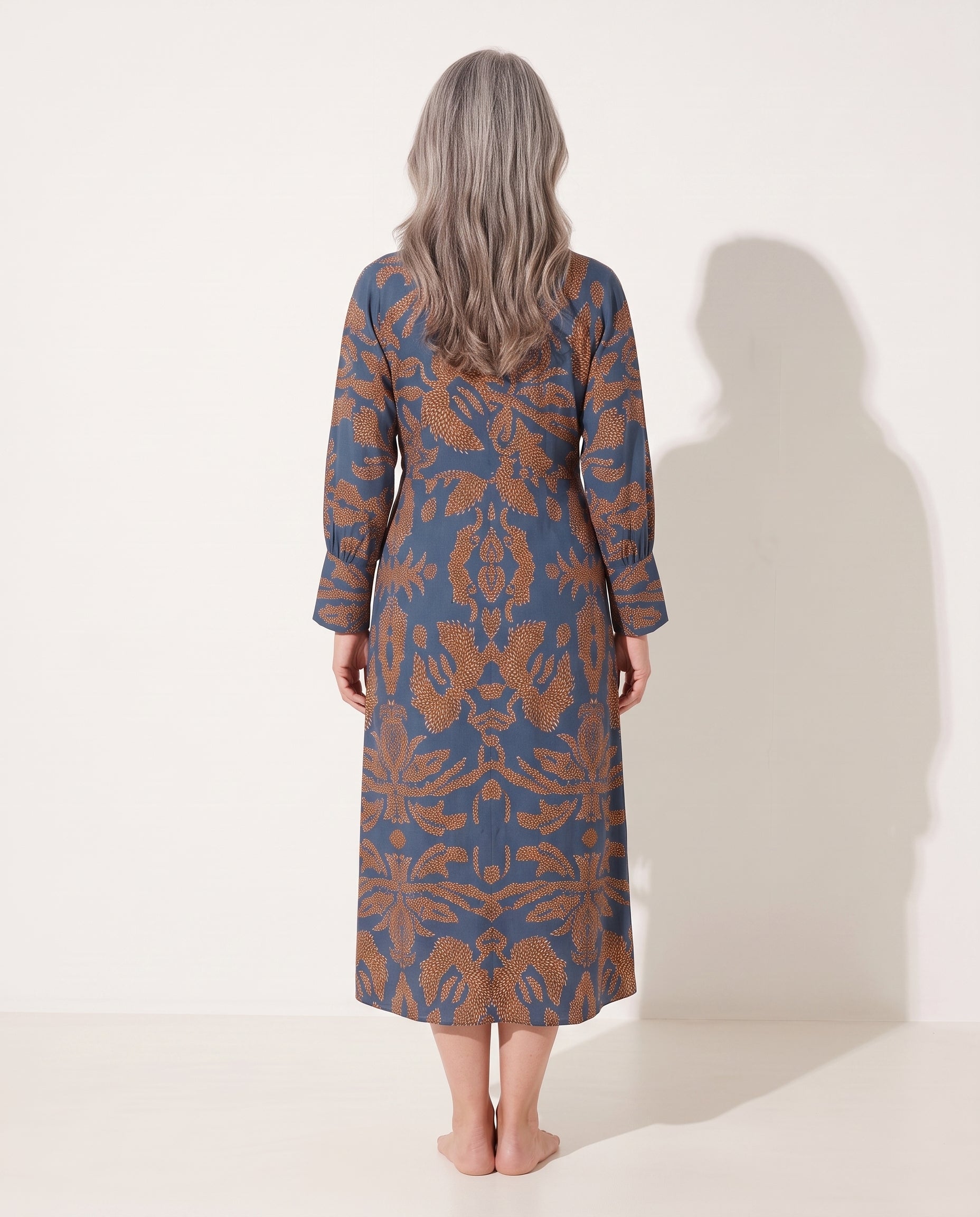 Helena | Long Sleeve Wrap Dress Midi Print Wedding Guest — achterkant