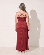 Honorine | Black Ruched Satin Bodycon Maxi Dress — achterkant