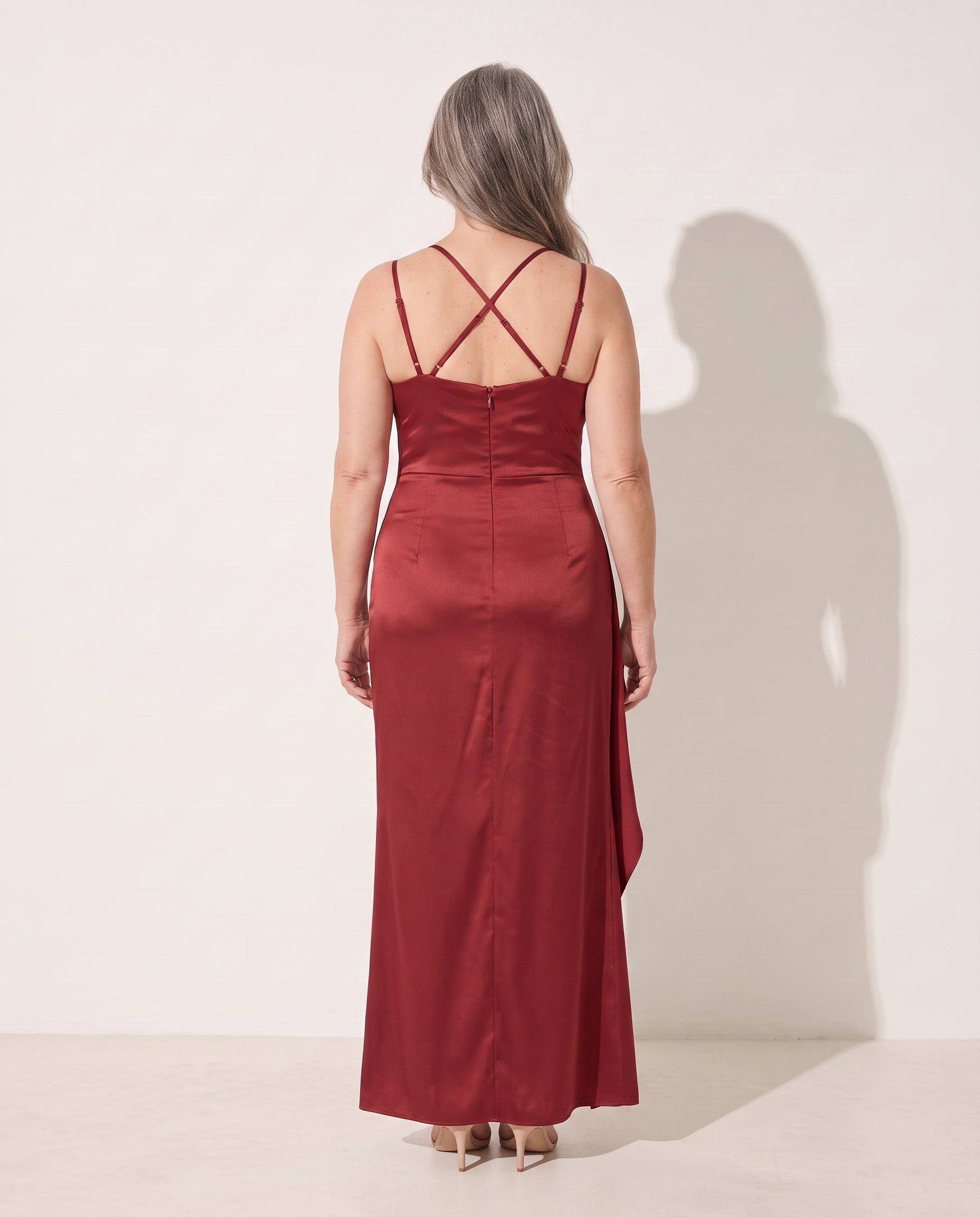 Honorine | Black Ruched Satin Bodycon Maxi Dress — achterkant