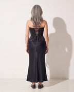 Faustine | Brown Satin Strapless Maxi Dress Evening Gown — achterkant