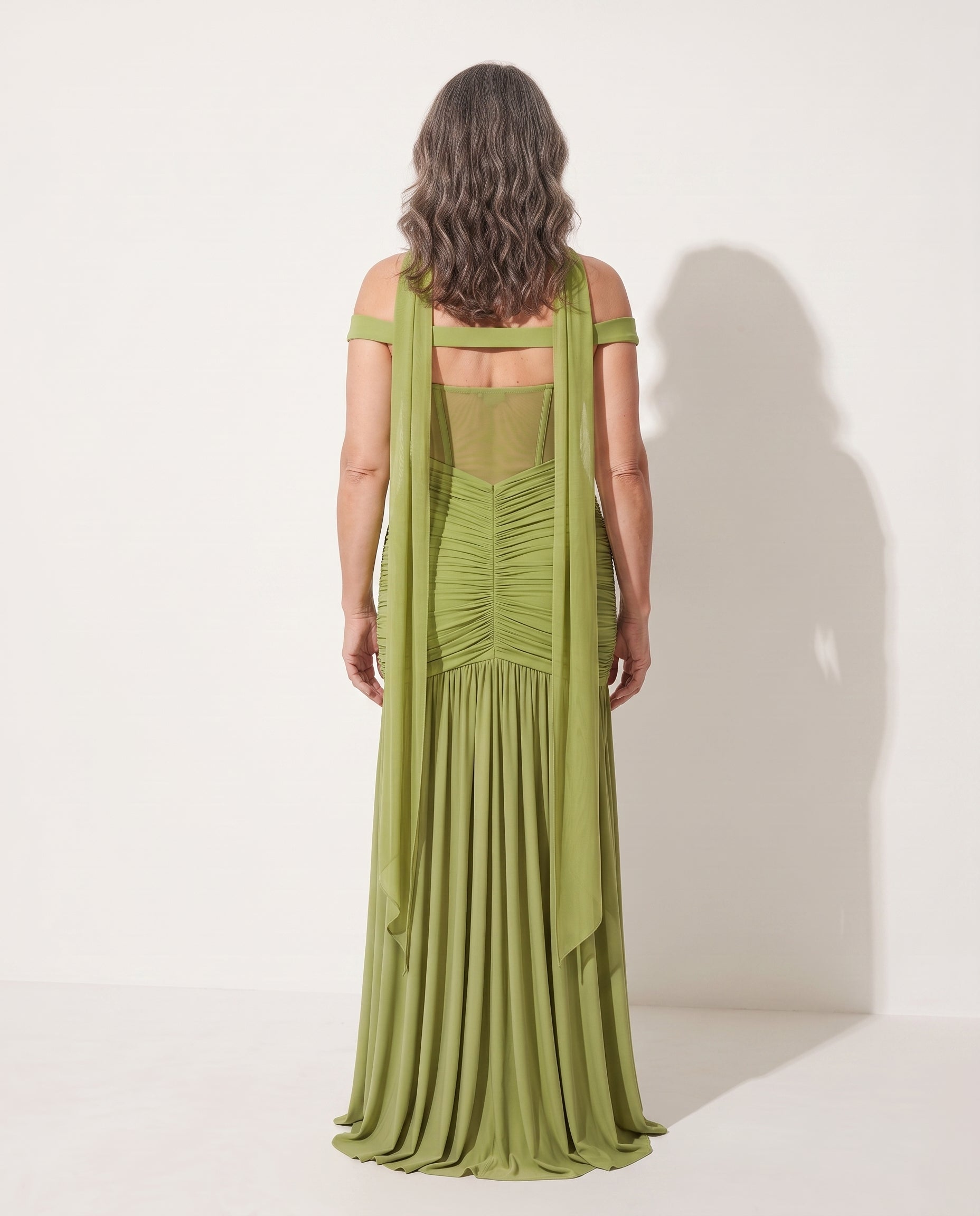 Camille | Off Shoulder Ruched Mesh Evening Maxi Dresses — achterkant