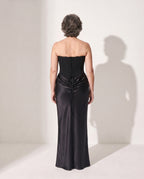 Persephone | Black Corset Dress Strapless Satin Maxi Gown — achterkant