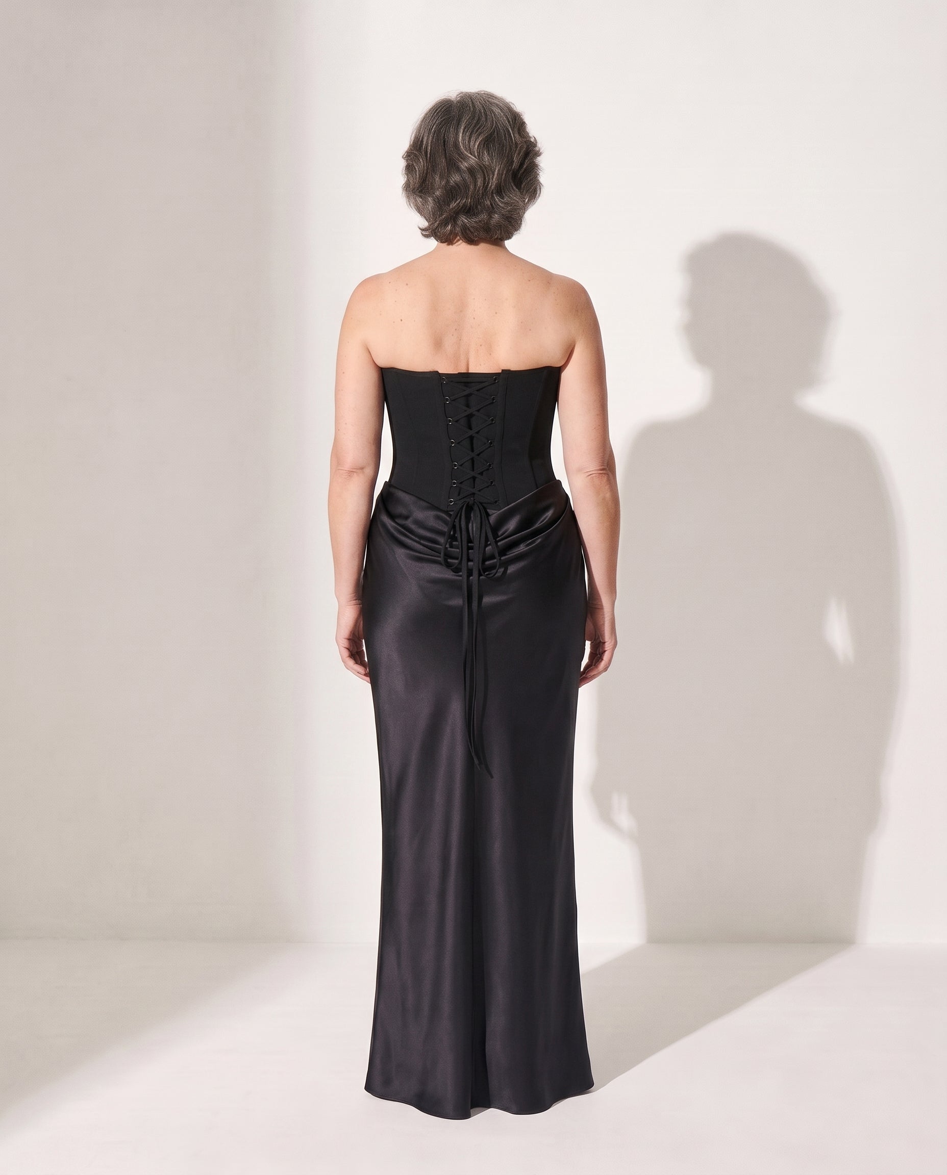 Persephone | Black Corset Dress Strapless Satin Maxi Gown — achterkant