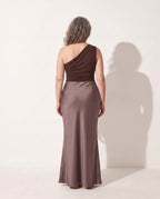Sidonie | Long Sleeve Satin One Shoulder Wedding Guest Dresses — achterkant