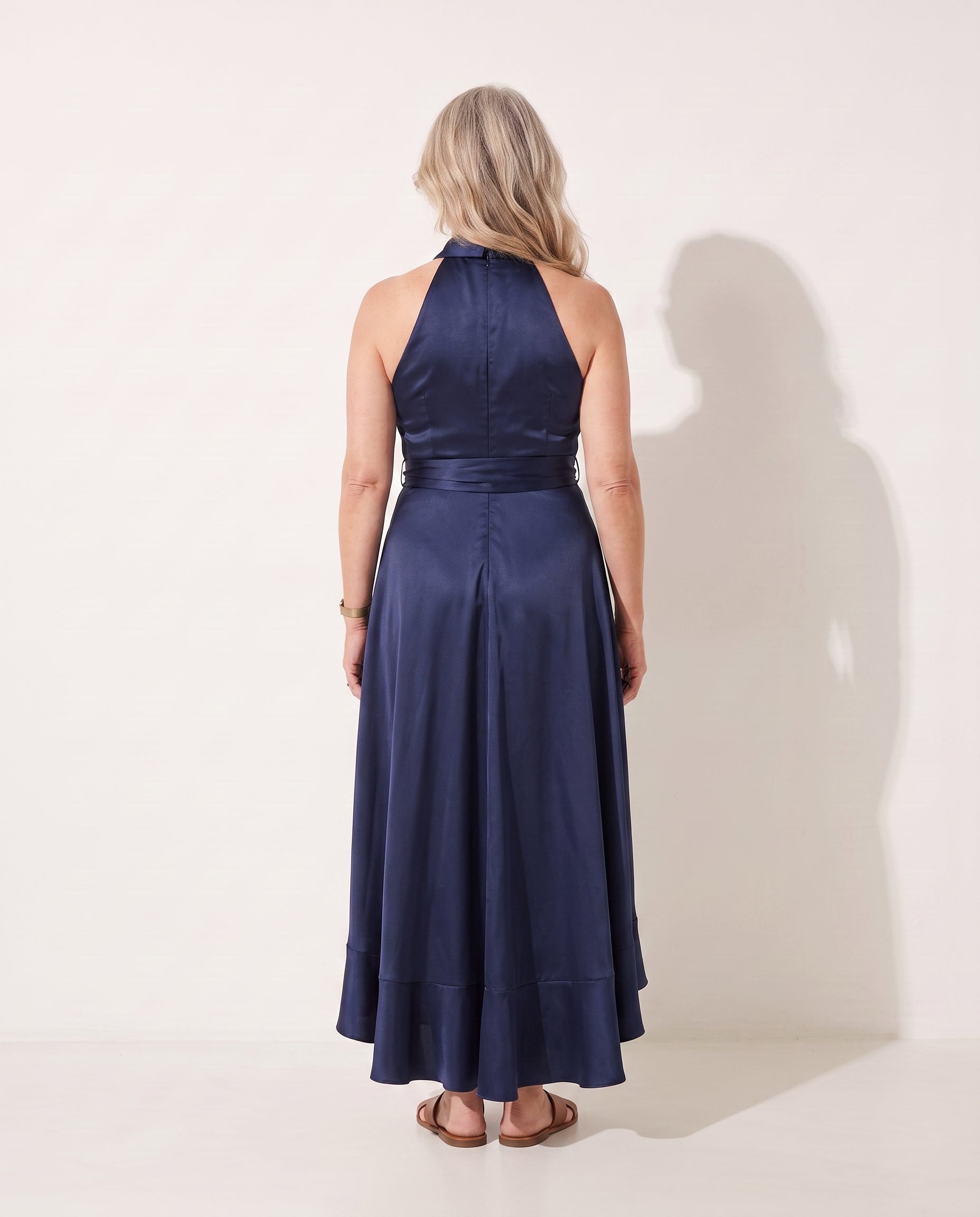 Wilhelmina | Satin Halter Evening Maxi Dresses For Formal Wear — achterkant